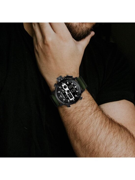 Men Men\'s Black And Green Analog Nylon Strap Waterproof Multifunction Digital Watch